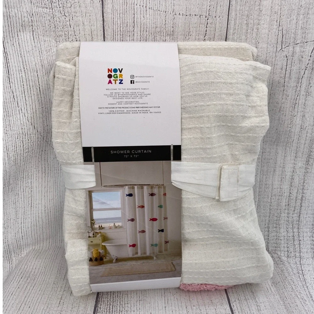 Novogratz Shower Curtain Cream Tufted Fish Waffle Weave 100% Cotton Coastal